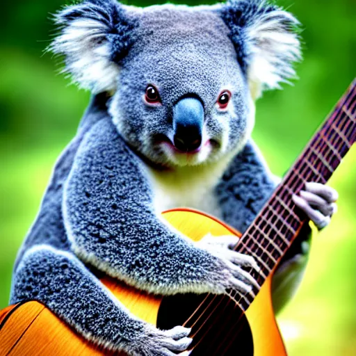 Prompt: a koala playinga guitar, modelsociety, radiant skin, huge anime eyes, rtx on, perfect face, directed gaze, canon, symmetric balance, polarizing filter, photolab, lightroom, 4 k, dolby vision, photography award