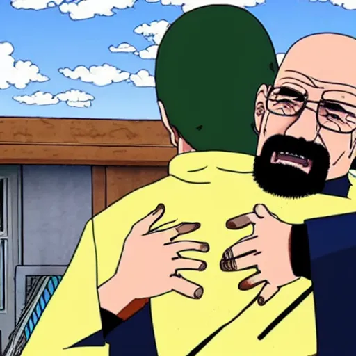 Image similar to Michael Ehrmantraut hugging walter white from behind wrestling breaking bad in one piece anime style