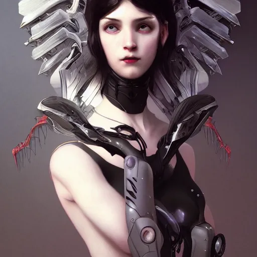 Prompt: Beautiful pale goth cyborg girl with mechanical wings and many wires, masterpiece 4k digital illustration by Ruan Jia and Mandy Jurgens and Artgerm and william-adolphe bouguereau, highly detailed, trending on artstation, award winning,