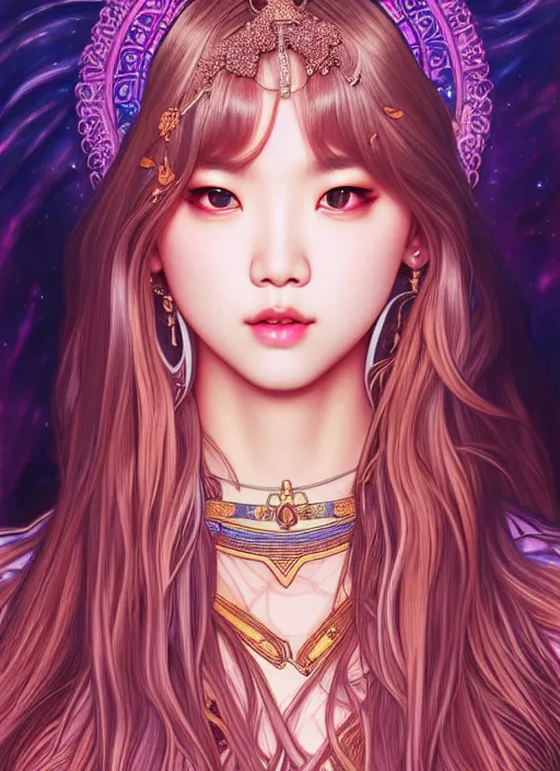 Image similar to lalisa manoban of blackpink, goddess of the moon, tarot card, highly detailed, digital painting, smooth, sharp focus, illustration, ultra realistic, 8 k, art by artgerm and alphonse mucha