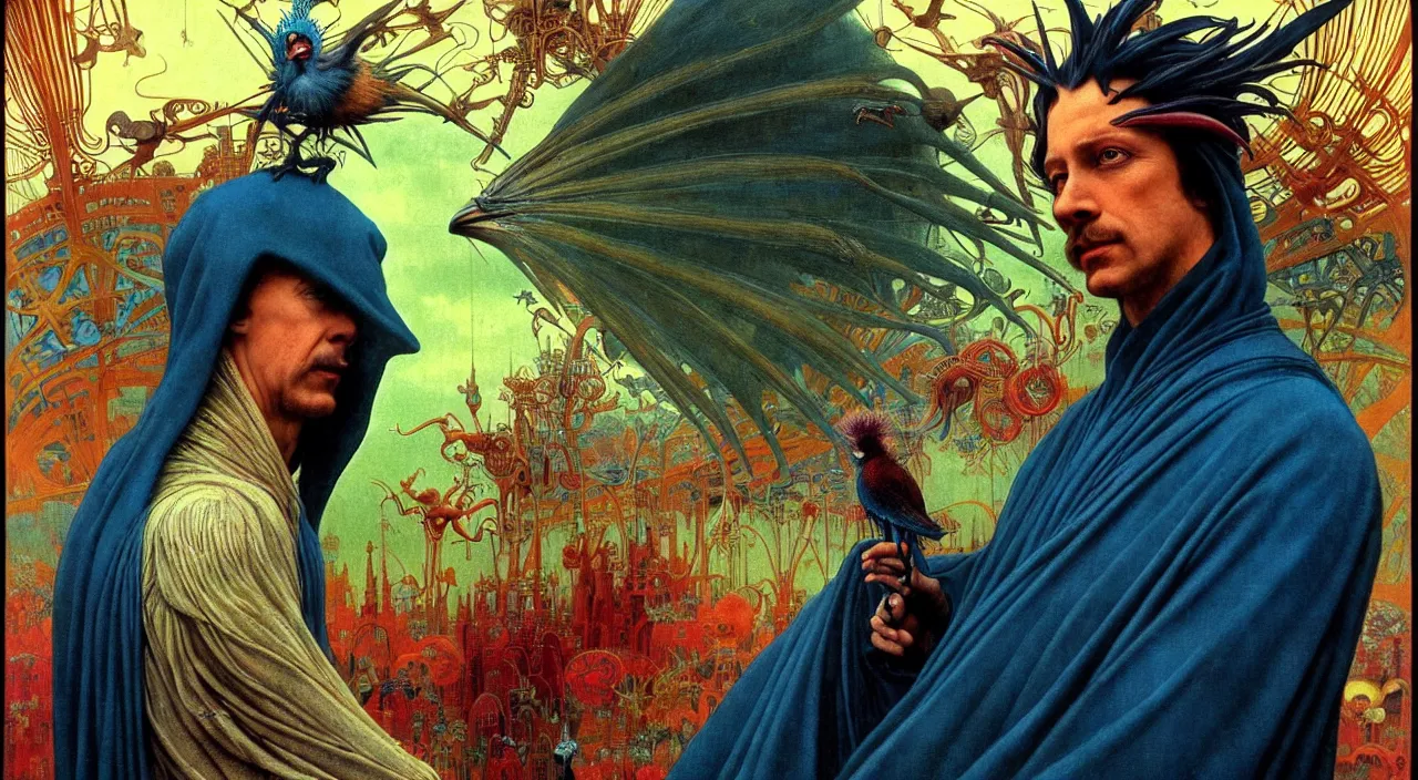 Image similar to realistic detailed portrait movie shot of a birdman wearing dark robes, sci fi city landscape background by denis villeneuve, amano, yves tanguy, alphonse mucha, ernst haeckel, max ernst, roger dean, masterpiece, rich moody colours, blue eyes, occult