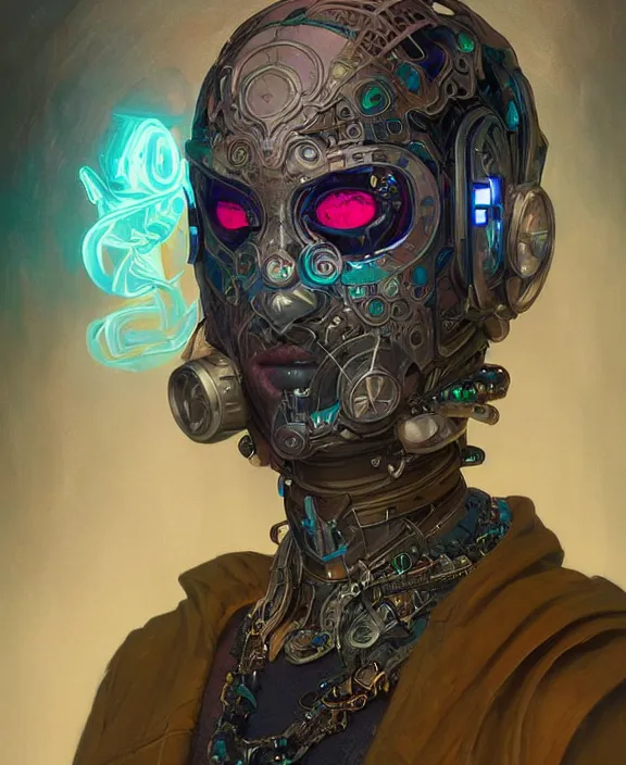 Image similar to portrait of a cyberpunk masked evil, half body, glowin eyes, d & d, fantasy, intricate, elegant, highly detailed, colorful, vivid color, digital painting, artstation, concept art, art by artgerm and greg rutkowski and alphonse mucha and ruan jia