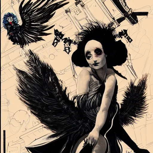 Image similar to Anna Pavlova as dark angel feathered gothic atompunk evil Disney villain queen with black feather hair, feathers growing out of skin, in front of space station window, Mike mignola, david mack, highly detailed, trending on artstation, comic book cover, illustration