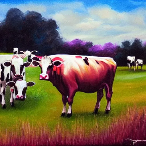 Prompt: cows on pink grass panting