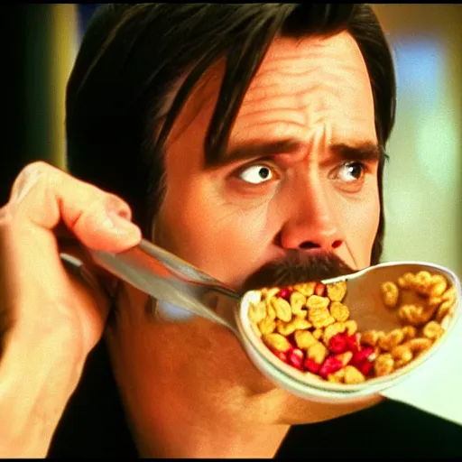 Prompt: a cinematic shot of Jim Carrey eating a bowl of cereal, film grain, 8k