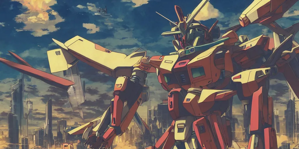 Image similar to Gundam Movie poster, 3D anime, Arcane Style, Retropunk, Steampunk, high resolution, city landscape, side scrolling, Rule of Thirds, 4K, Retrofuturism, Studio Ghibli, Simon Stålenhag