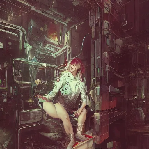 Image similar to hyperrealistic photography of a machine entering a female host in the style of Jin Kagetsu, James Jean and wlop, highly detailed, sharp focus, intricate concept art, digital painting, ambient lighting, 4k, artstation