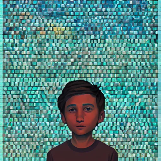 Image similar to a boy in a field with a sky background, a mosaic of screens by jeffrey smith, behance contest winner, generative art, circuitry, fractalism, behance hd