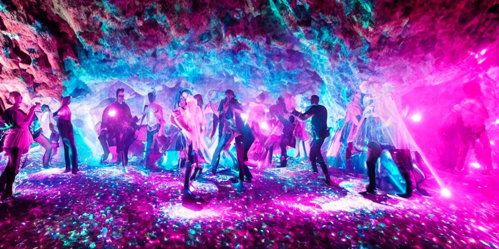 Image similar to cinematic shot of a goth disco nightclub in a cave, (((sphere of holographic knives))) made of pink lasers and blue crystals, goth people dancing, 8k photograph