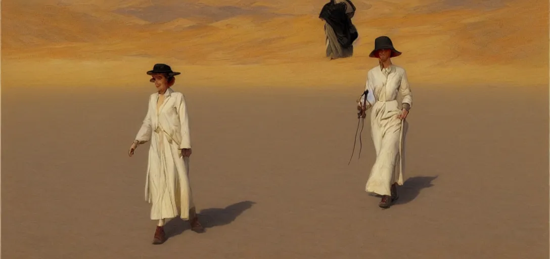 Prompt: portrait of a nurse walking in a huge desert, blazing sun, sci - fi by emile friant and moebius