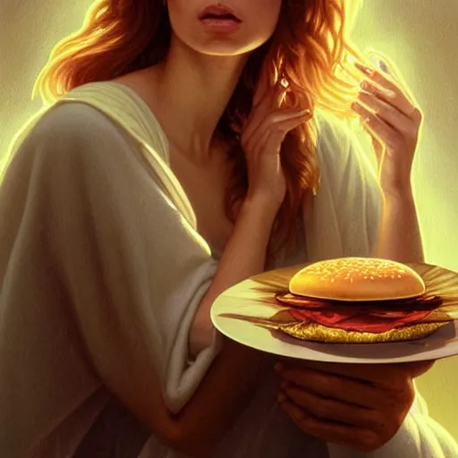 Prompt: portrait of nastassja kinski eating hamburgers, extra onions and ketchup, luscious patty with sesame seeds, ethereal, holy sacred light rays, handsome, d & d, fantasy, intricate, elegant, highly detailed, digital painting, artstation, concept art, matte, sharp focus, illustration, art by artgerm and greg rutkowski and alphonse mucha