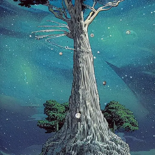 Prompt: a large tree growing from a large floating crystal in space, by moebius