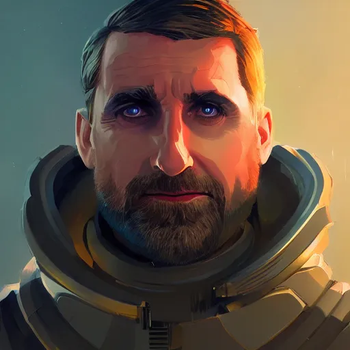 Image similar to Portrait of a cyborg Steve Carell, mattepainting concept Blizzard pixar maya engine on stylized background splash comics global illumination lighting artstation lois van baarle, ilya kuvshinov, rossdraws