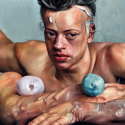 Image similar to high quality high detail painting by lucian freud and jenny saville, hd, fightclub, turquoise