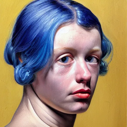 Image similar to high quality high detail painting by lucian freud, hd, blue hair beautiful girl portrait, photorealistic lighting