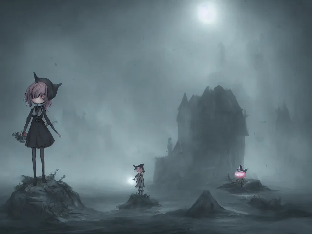 Image similar to cute fumo plush girl witch on a tiny island surrounded by murky river water, river styx, cursed otherworldly chibi gothic horror wraith maiden, lost in the milky void, hazy heavy magical glowing swirling murky volumetric fog and smoke, concrete brutalist ruins, moonglow, lens flare, vray