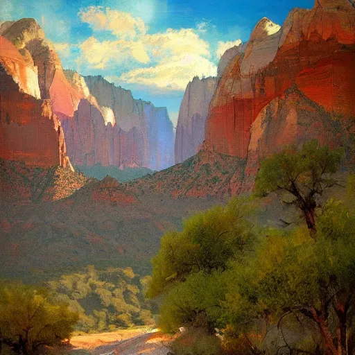 Prompt: zion national park painted by jeremy mann