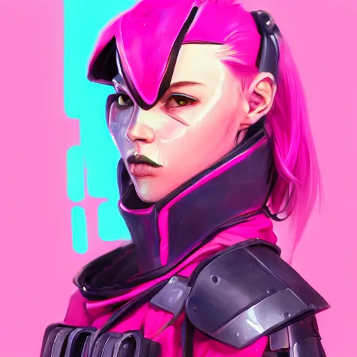 Prompt: stylized ninja - cyberpunk girl, wearing techwear and armor, in the colors hot pink and cyan, beautiful realistic face, highly detailed, digital painting, artstation, concept art, smooth, sharp focus, illustration, art by artgerm, by greg rutkowski, by jeremy mann, by francoise nielly, oil painting