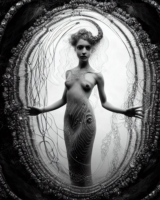 Prompt: surreal mythical dreamy underwater artistic black and white photo of a translucent beautiful young female angelic - medusa - vegetal - cyborg - doll covered with fish scales, highly detailed, intricate crystal ivy jelly fish scales ornate, poetic, translucent algae ornate, digital art, octane render, 8 k artistic photography, photo - realistic, by diane arbus in the style of gustave dore