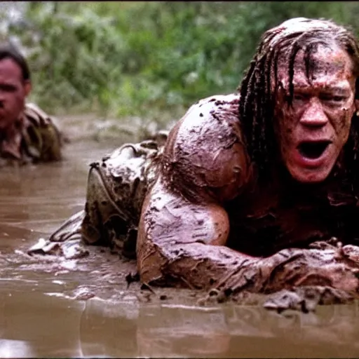 Prompt: film still of john cena as major dutch, covered in mud, hiding from the predator in swamp scene in 1 9 8 7 movie predator, hd, 8 k