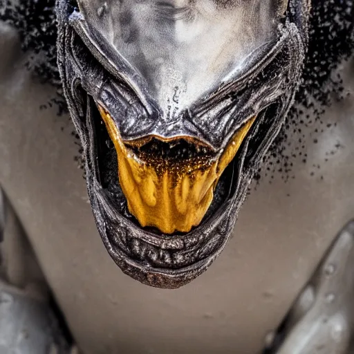 Image similar to photo taken of an epic intricate, ultra detailed, super realistic gritty, wet, lifelike sculpture of a ghoulish cyborg penguin created by weta workshop, zoomed in shots, sublime subsurface scattering, photorealistic, sharp focus, white wall coloured workshop, desaturated, cold colour temperture, f 0. 4, face centred, golden ratio, golden hour