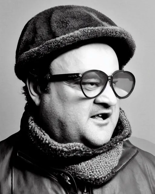 Image similar to headshot of john belushi wearing a leather ushanka and aviator goggles, he is also wearing an a 2 flight jacket, a long white scarf is wrapped around his neck, he has a 5 o'clock shadow, a crazed angry look on his face