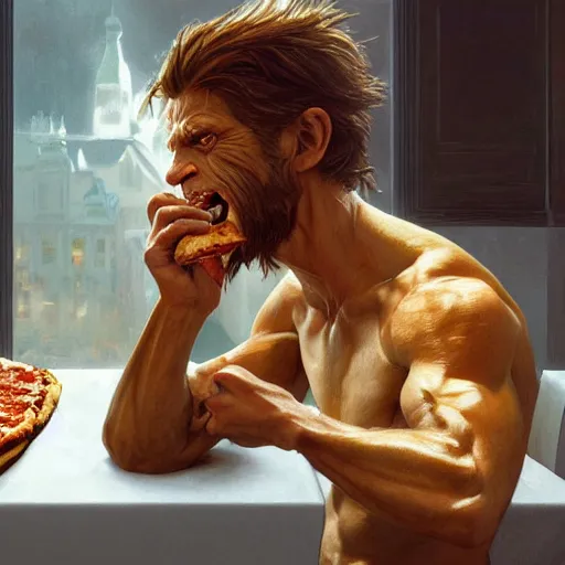 Image similar to ultra realistic illustration of willem dafoe eating pizza, intricate, highly detailed, digital painting, artstation, concept art, sharp focus, illustration, art by artgerm and greg rutkowski and alphonse mucha