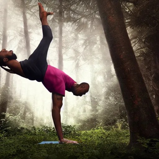 Prompt: lebron james doing yoga in the forest, at all angles clash royal style characters, unreal engine 5, octane render, detailed, brawl stars, cinematografic, cinema 4 d, un artstation trending, high definition, very detailed, blender