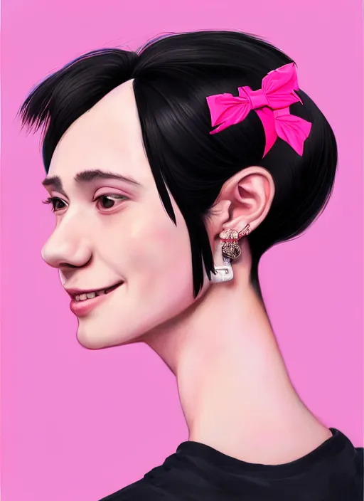 Image similar to portrait of high school girl, realistic, black hair, bangs, half updo hairstyle, pointy nose, skinny, smile, ugly, defined jawline, big chin, pink hair bow, earrings, intricate, elegant, glowing lights, highly detailed, digital painting, artstation, sharp focus, illustration, art by wlop, mars ravelo and greg rutkowski