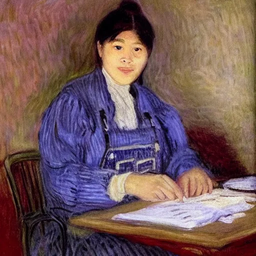 Image similar to philipino young woman with jeans overalls typing on laptop by monet