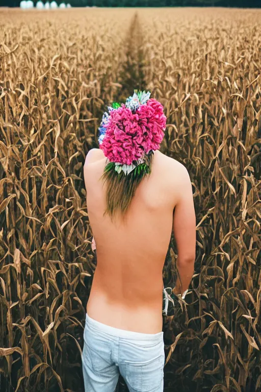 Image similar to agfa vista 4 0 0 photograph of a skinny blonde guy standing in a cornfield, flower crown, back view, grain, moody lighting, telephoto, 9 0 s vibe, blurry background, vaporwave colors!, faded!,