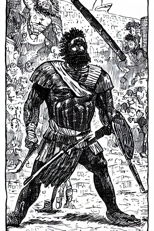 Prompt: ancient historically accurate depiction of the Bible Character Goliath of Gath, the Philistine warrior giant by mcbess