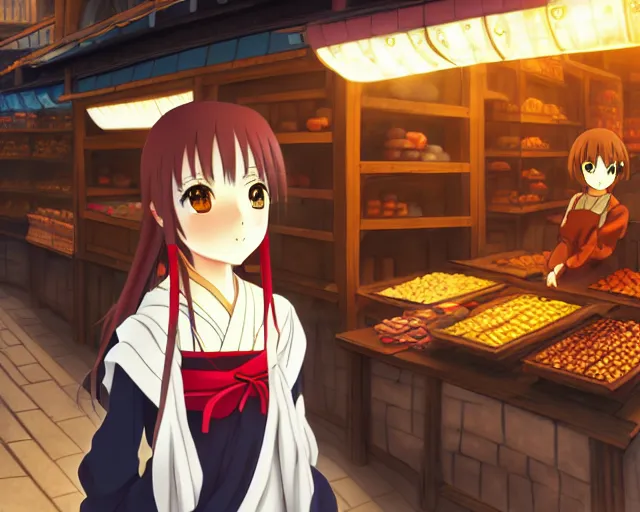 Image similar to anime visual, portrait of a young female traveler in an open medieval market shopping, cute face by katsura masakazu, yoh yoshinari, cinematic luts, cold studio lighting, dynamic pose, dynamic perspective, strong silhouette, anime cels, kyoto animation, cel shaded, rounded eyes