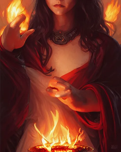 Prompt: Christina Ricci (2000) casting a fire spell, D&D, fantasy, intricate, elegant, highly detailed, digital painting, artstation, concept art, matte, sharp focus, illustration, hearthstone, art by Artgerm and Greg Rutkowski and Alphonse Mucha