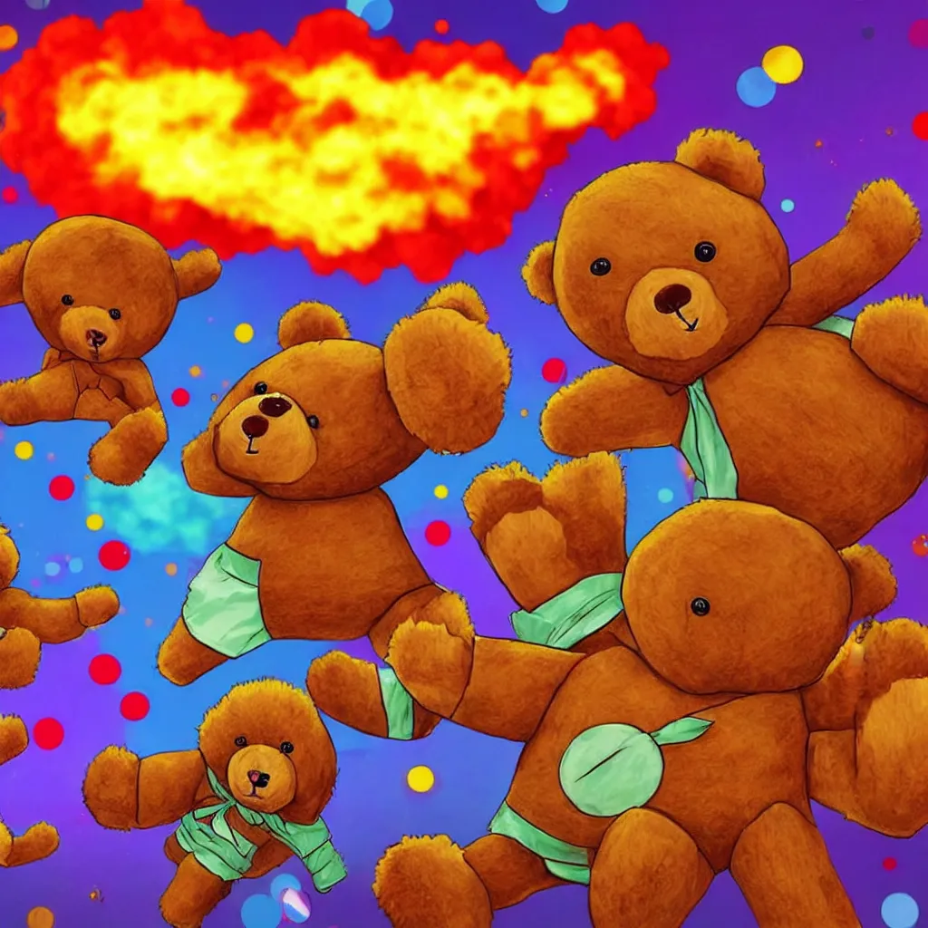 Image similar to a lot of teddy bears fights in epic battle, background a nuclear toxic multi - colored explosion in big town, psychedelic