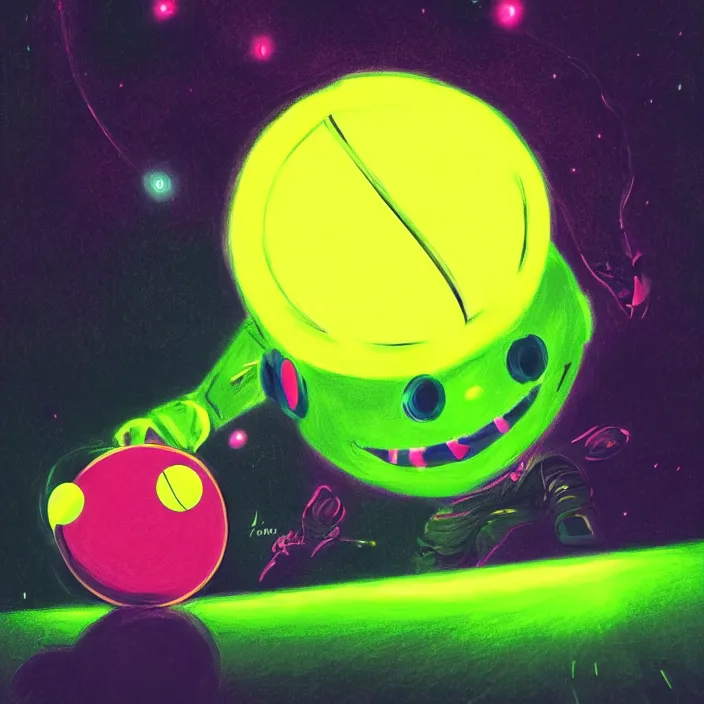 Image similar to cinematic portrait of a cute tennis ball monster in space, neon lasers, chalk, masterpiece, trending on artstation, featured on pixiv, cinematic composition, dramatic pose, beautiful lighting, sharp details, hyper - detailed, hd, hdr, 4 k, 8 k, art by basil gogos