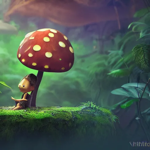 Prompt: Intricate detailed illustration, A small and happy humanoid mushroom frolicking in a lush tropical jungle, 🍄 , cinematic lighting, by Philip Hood, wide angle, volumetric light scattering, 8k, artstation, concept art,