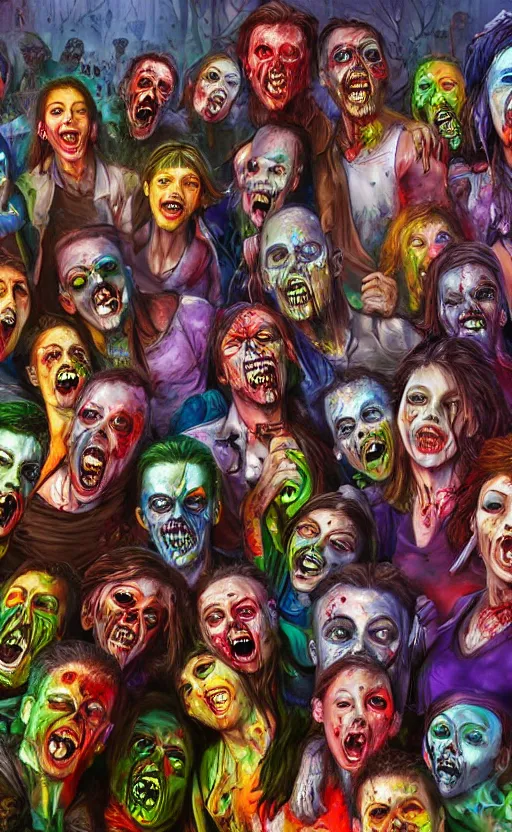 Prompt: beautiful detailed photorealistic painting of a group of friends dressed as zombies. the friends are happy and having fun. vibrant, high quality, vibrant colors, very funny, beautiful, hq. hd. 4 k. award winning. trending on artstation