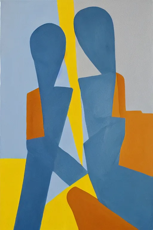 Image similar to neo cubistic painting of two tall figures, sandy yellow and some light blue, muted colors