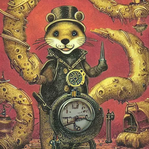 Prompt: steampunk otter inventor, fantasy illustration, Louis William Wain