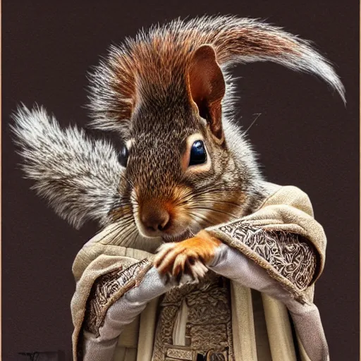 Prompt: a detailed character portrait of a squirrel samurai warrior from feudal kyoto, hyper real, intricate ultra realistic art,