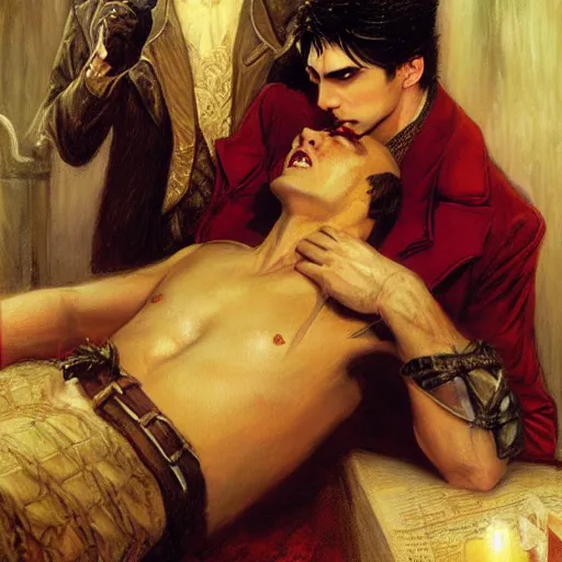 Image similar to attractive male, arthur pendragon confesses his love to attractive male dracula the vampire. highly detailed painting by gaston bussiere, craig mullins, j. c. leyendecker 8 k