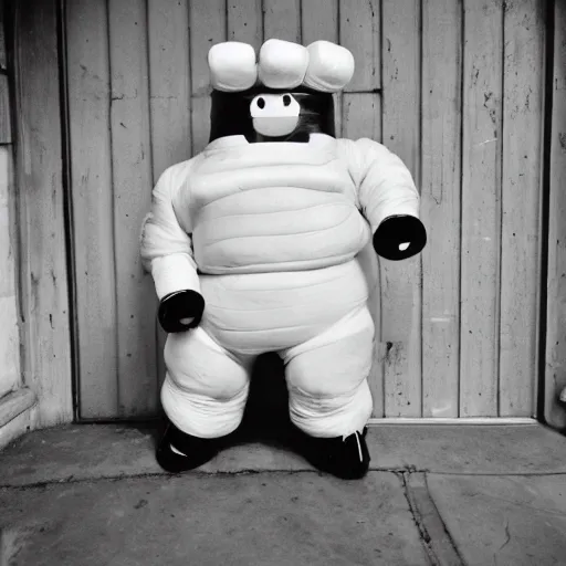 Prompt: the michelin man as the stay puft marshmallow man, realistic, 1 4 0 mm, nikon film