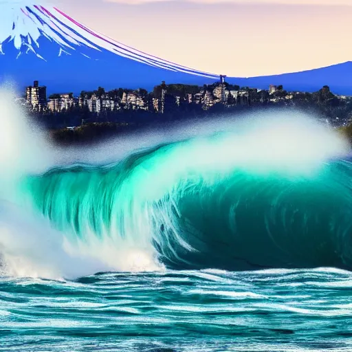 Image similar to Photo of a Giant Wave with mount fuji in the background, wave larger than mount fuji, mount fuji in the distance, highly detailed