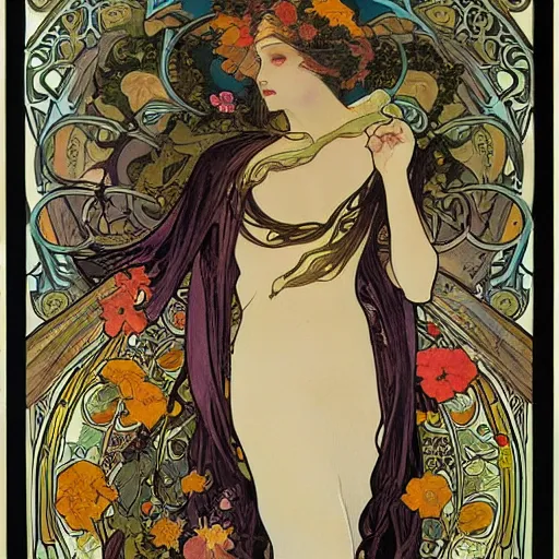 Image similar to persephone as goddess of death and flowers, dark atmosphere, painted by alphonse mucha