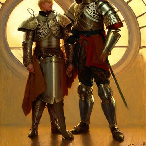 Image similar to attractive arthur pendragon and his attractive male knight, they are in love, natural lighting, path traced, highly detailed, high quality, digital painting, by gaston bussiere, craig mullins, alphonse mucha j. c. leyendecker