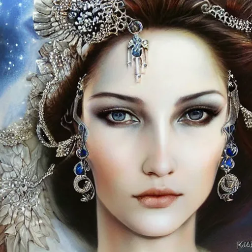 Image similar to a beautiful woman wearing a white dress made of silver with jewelry and diamonds by karol bak, ayami kojima, sakimichan, arabian beauty, blue eyes, smile, concept art, fantasy