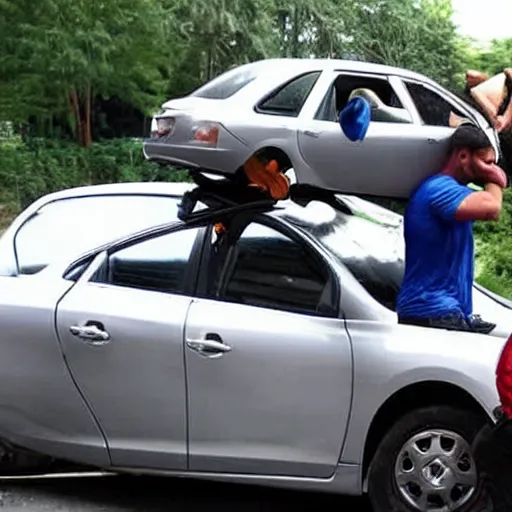 Image similar to a strong man lifting a car, the car is on top of him