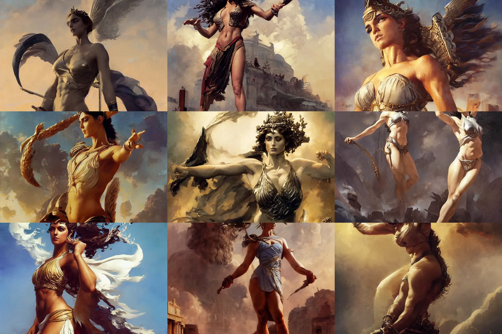 Prompt: A full portrait of a greek goddess at the first olympic games, by Greg Rutkowski, Frank Frazetta, Boris Vallejo, epic fantasy character art, very very beautiful, olympus, Exquisite detail, post-processing, masterpiece, cinematic, coliseum