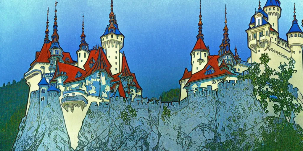 Prompt: fairy tale fantasy land, bled castle in slovenia, blue color scheme, by alphonse mucha and hayao miyazaki